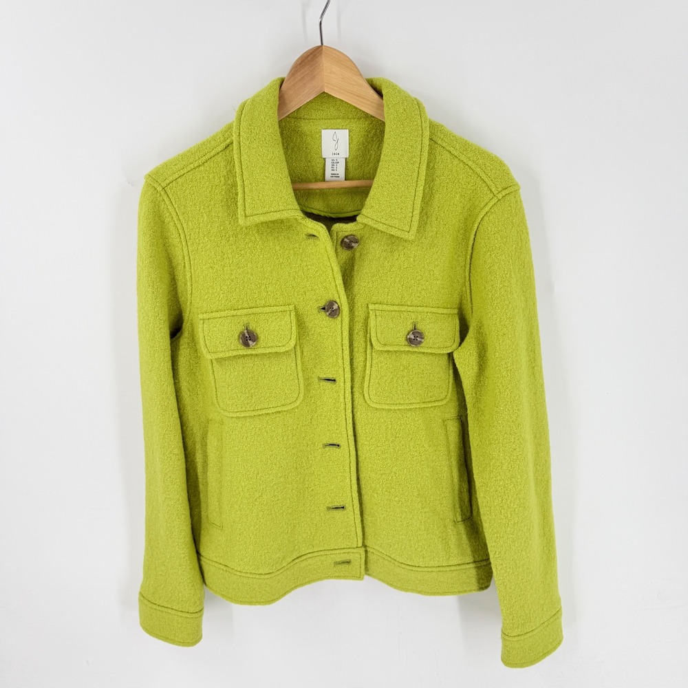 Joie Wool Blend Jacket Green Small Button Front Statement Utility Chartreuse